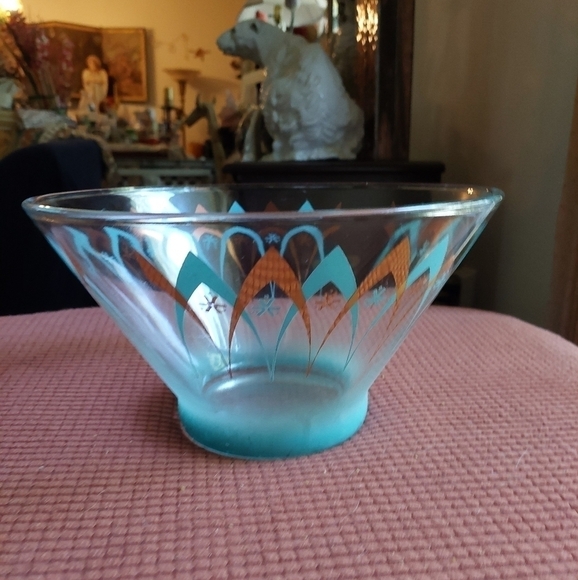 Vintage* 60s Atomic Age Turquoise & Gold Glass Chip Bowl - Picture 1 of 10